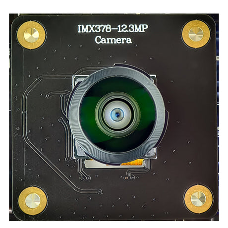 Front view of black IMX378 camera board with mounted lens