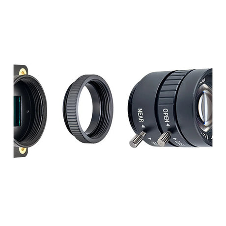 Close view of IMX296 module, adapter ring and long CCTV lens
