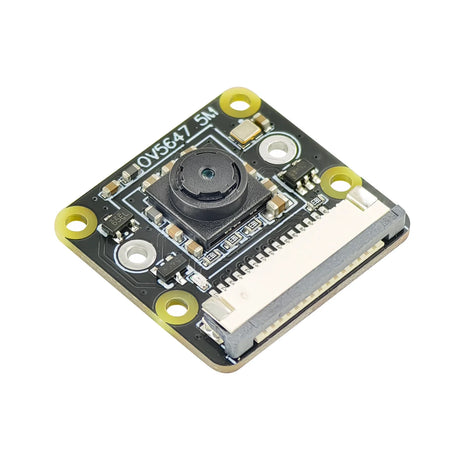 Close-up of OV5647 camera board with lens and ribbon connector